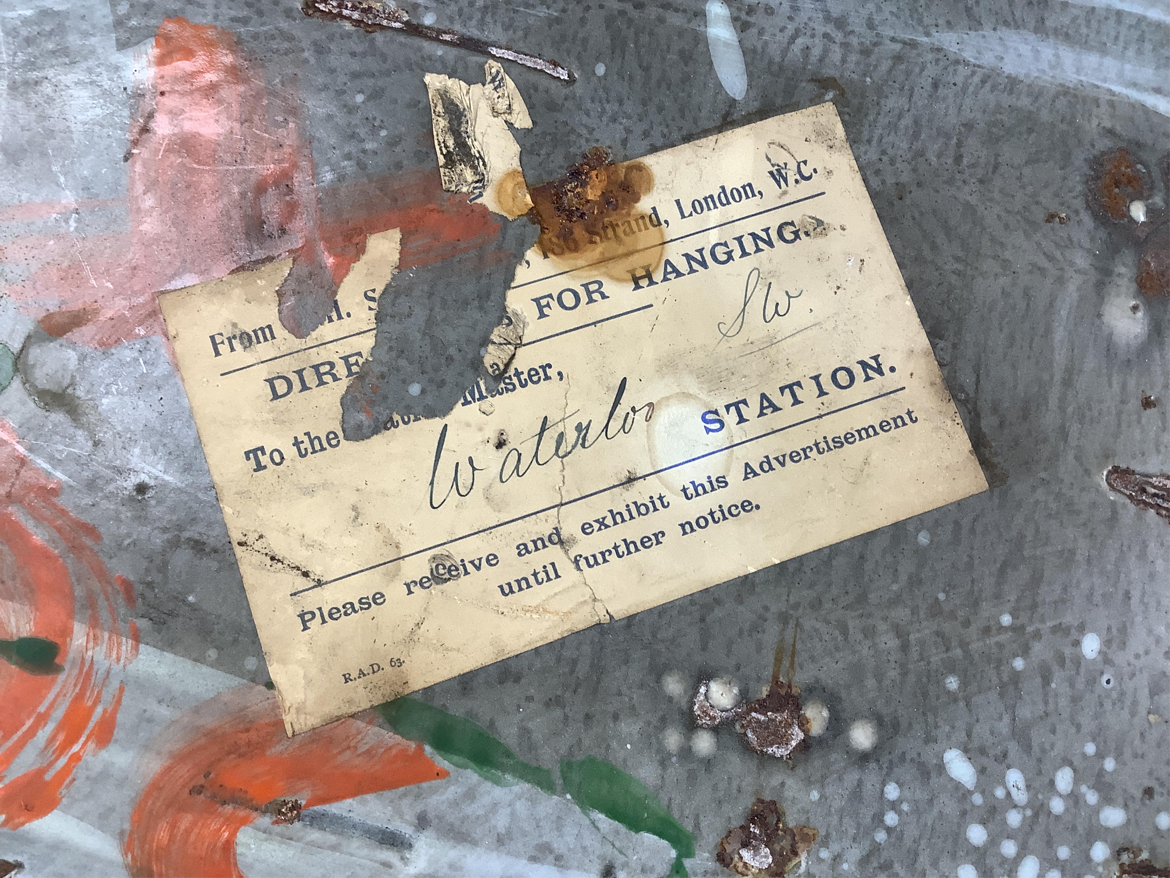Two Nectar Tea enamel advertising signs, both with original ‘Directions for Hanging’ labels pasted onto the reverse with an allocation for Waterloo Station, one also with a W.H. Smith luggage label for ‘Derby For Repairs